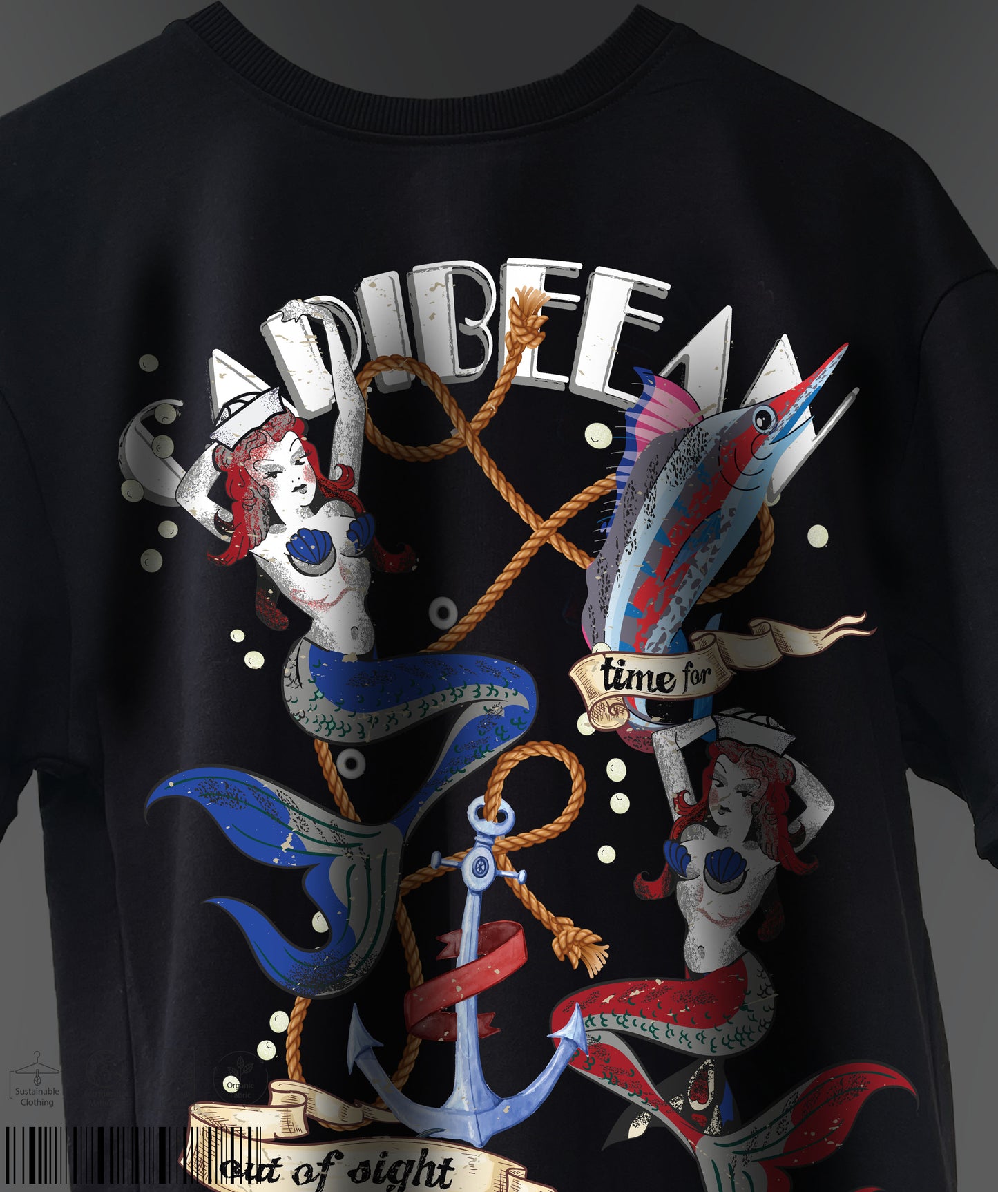 Mermaids Print T-shirt - Black