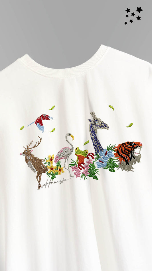 Jungle Biodiversity Embroidery T-shirt - White