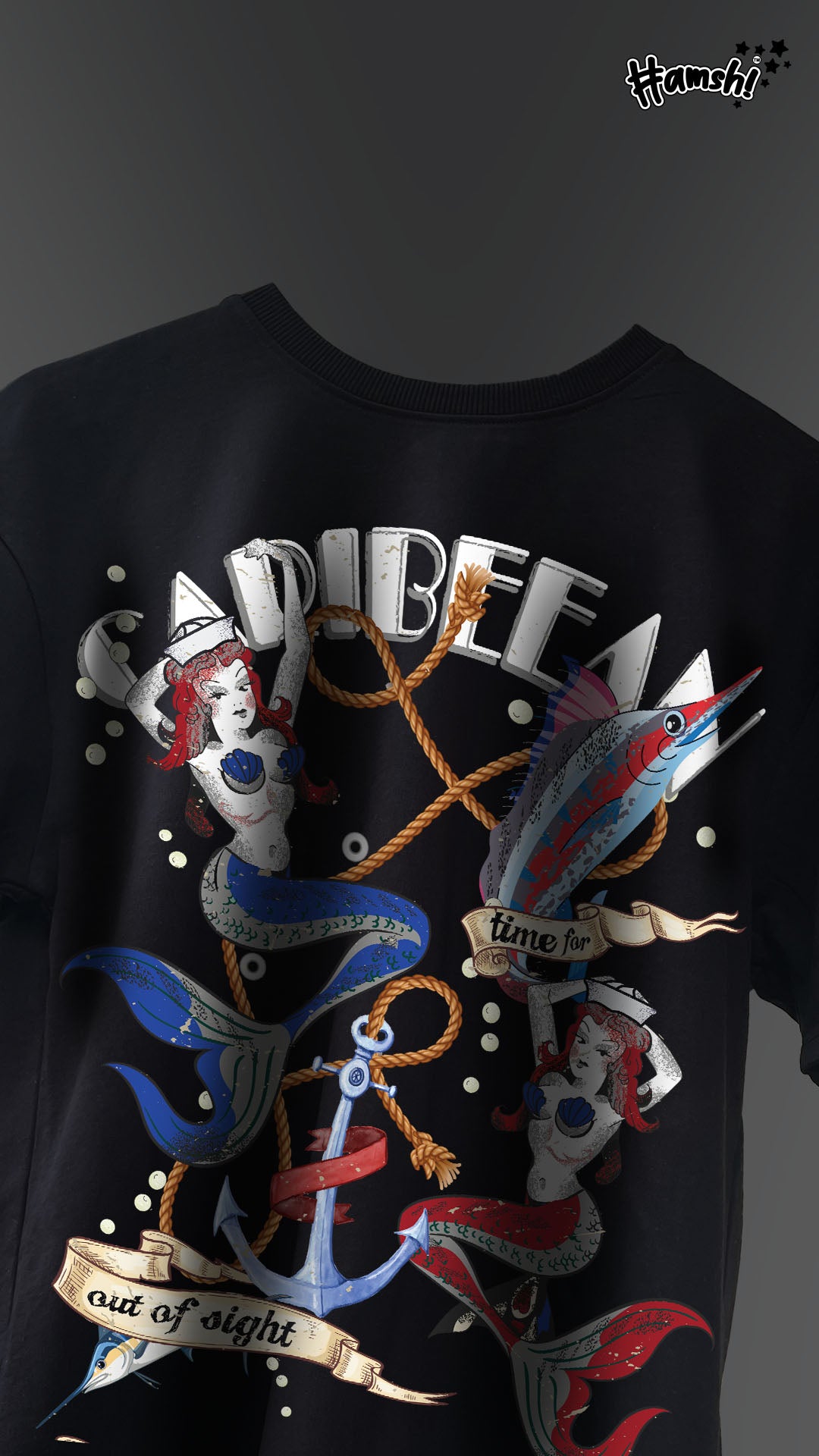 Mermaids Print T-shirt - Black