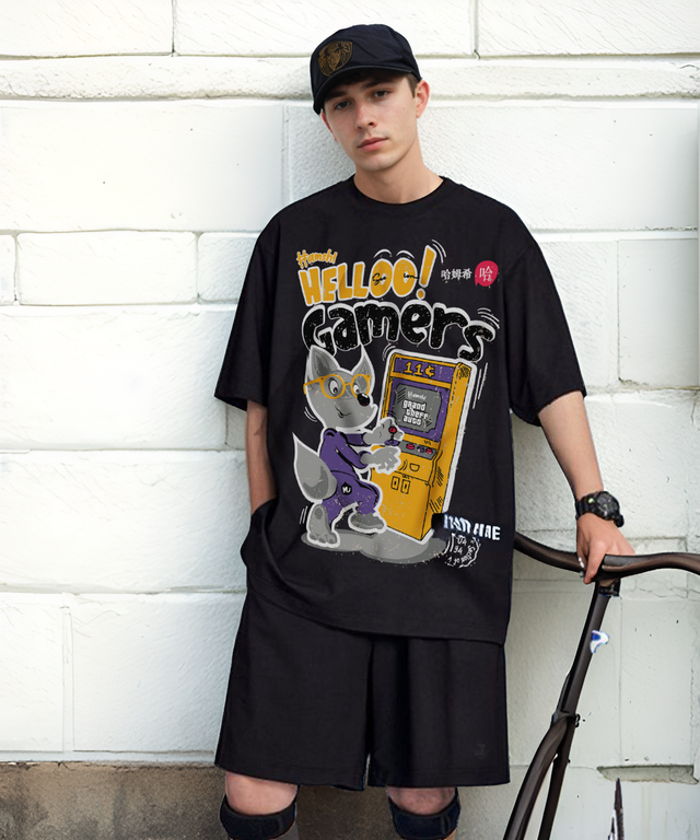 Gamer Fox Print T-shirt - Black