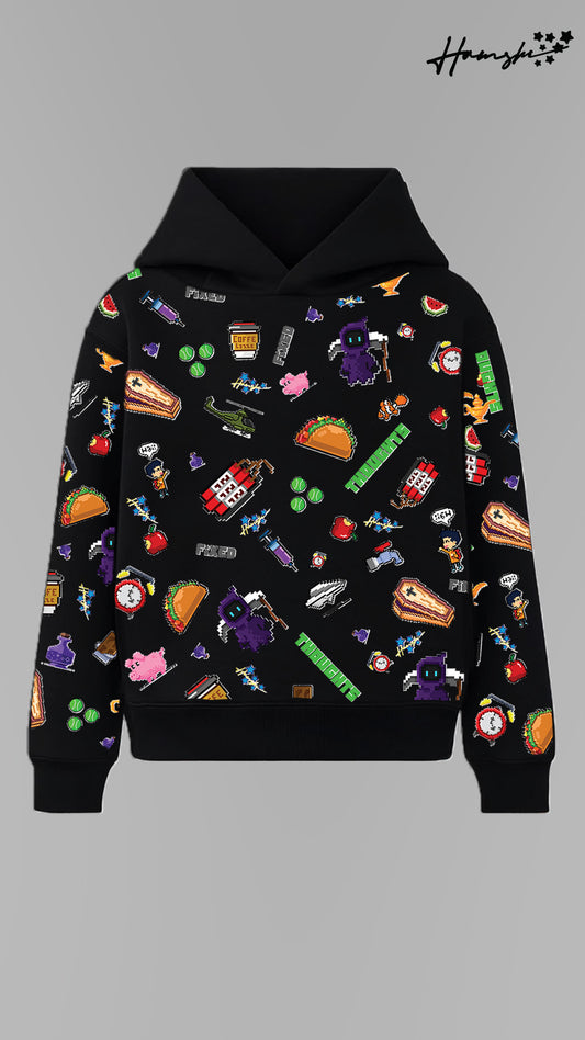 Emojis AOP Graphic Print Hoodie - Black