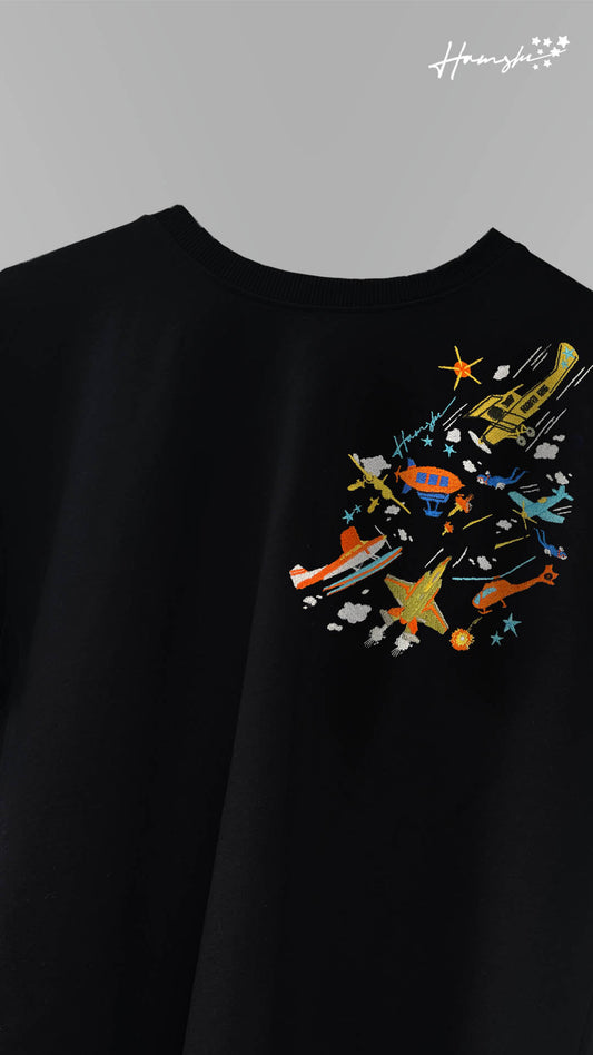 Air Planes Strike Embroidery T-shirt - Black