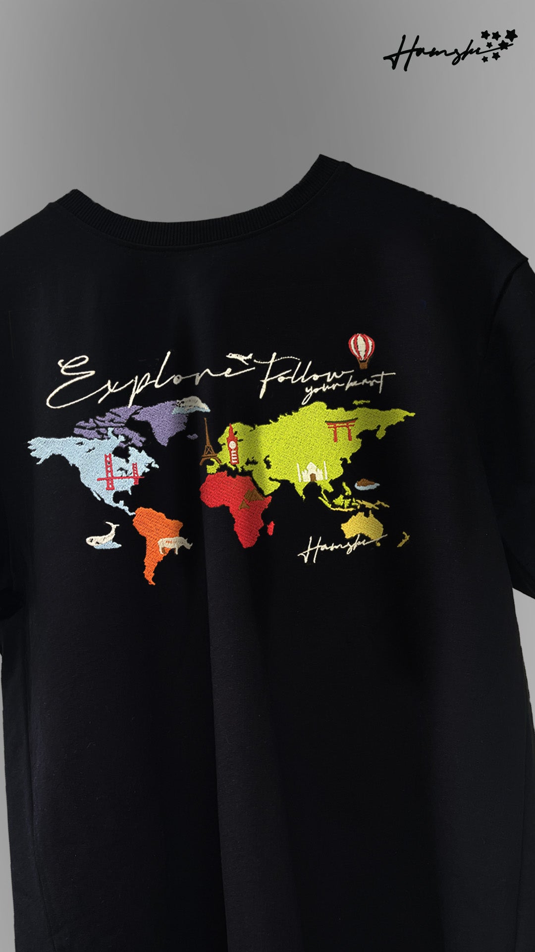World Map Embroidery T-shirt - Black