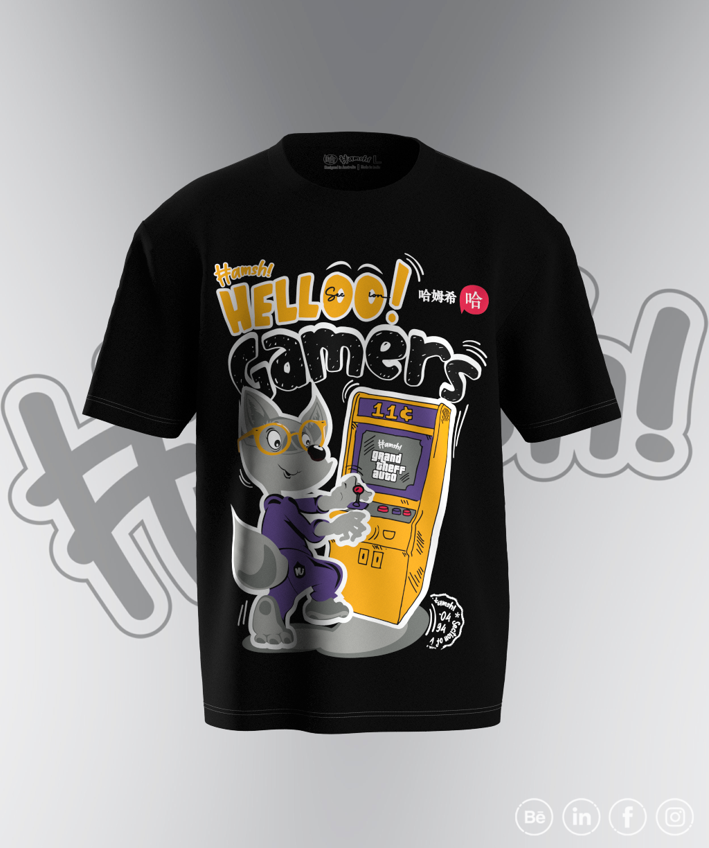 Gamer Fox Print T-shirt - Black