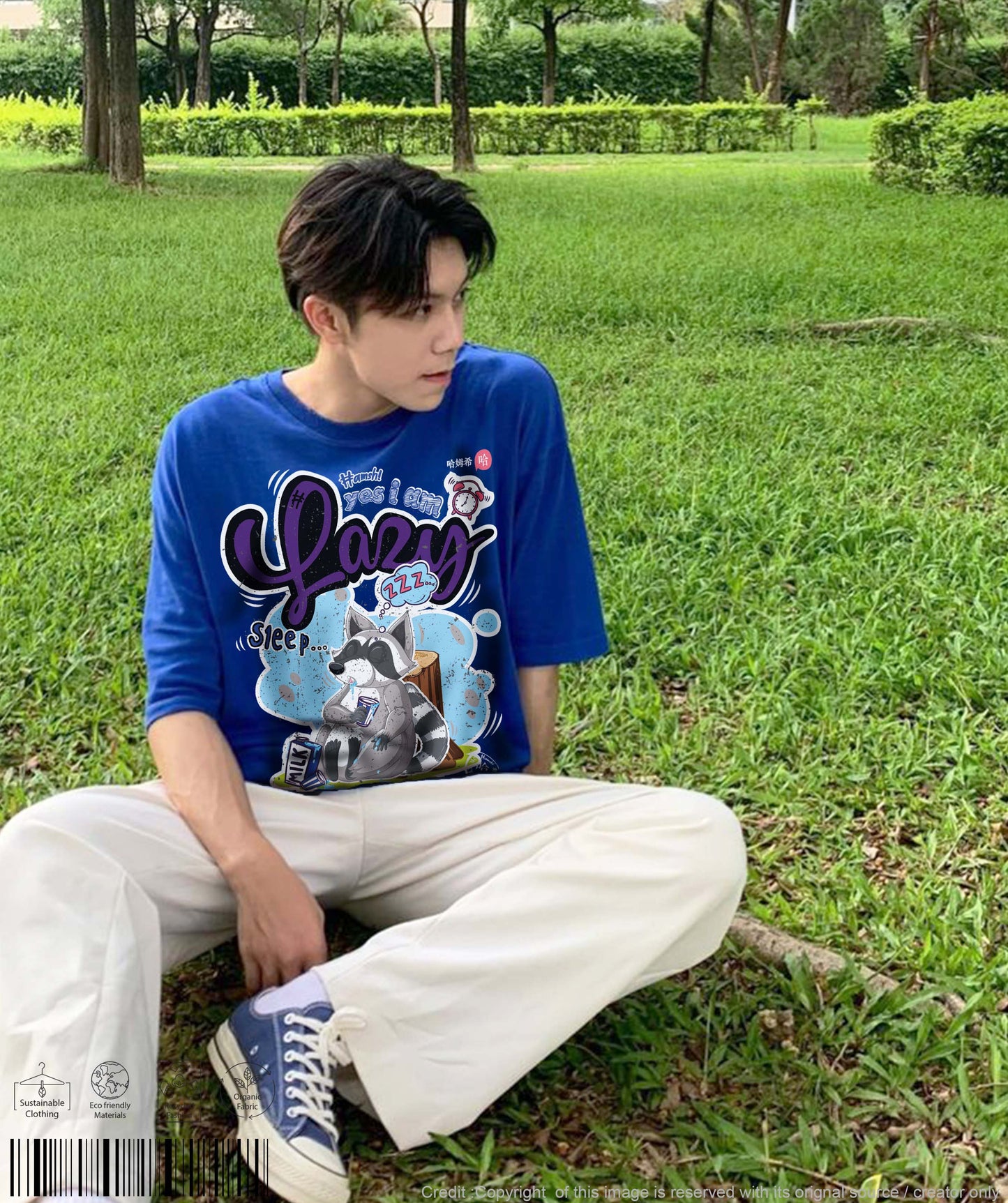 Lazy Fox Print T-shirt - Cool Blue