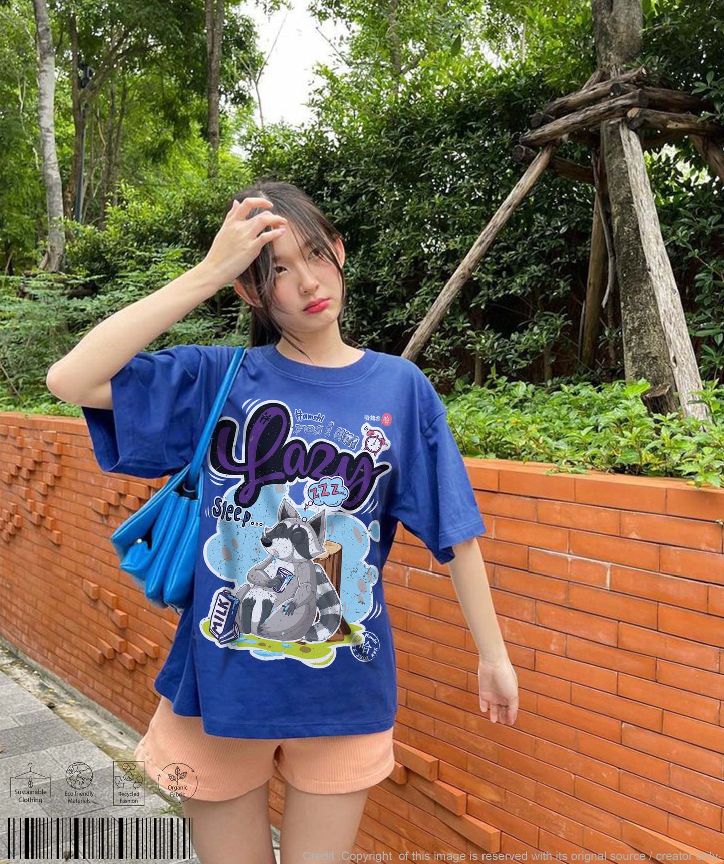 Lazy Fox Print T-shirt - Cool Blue
