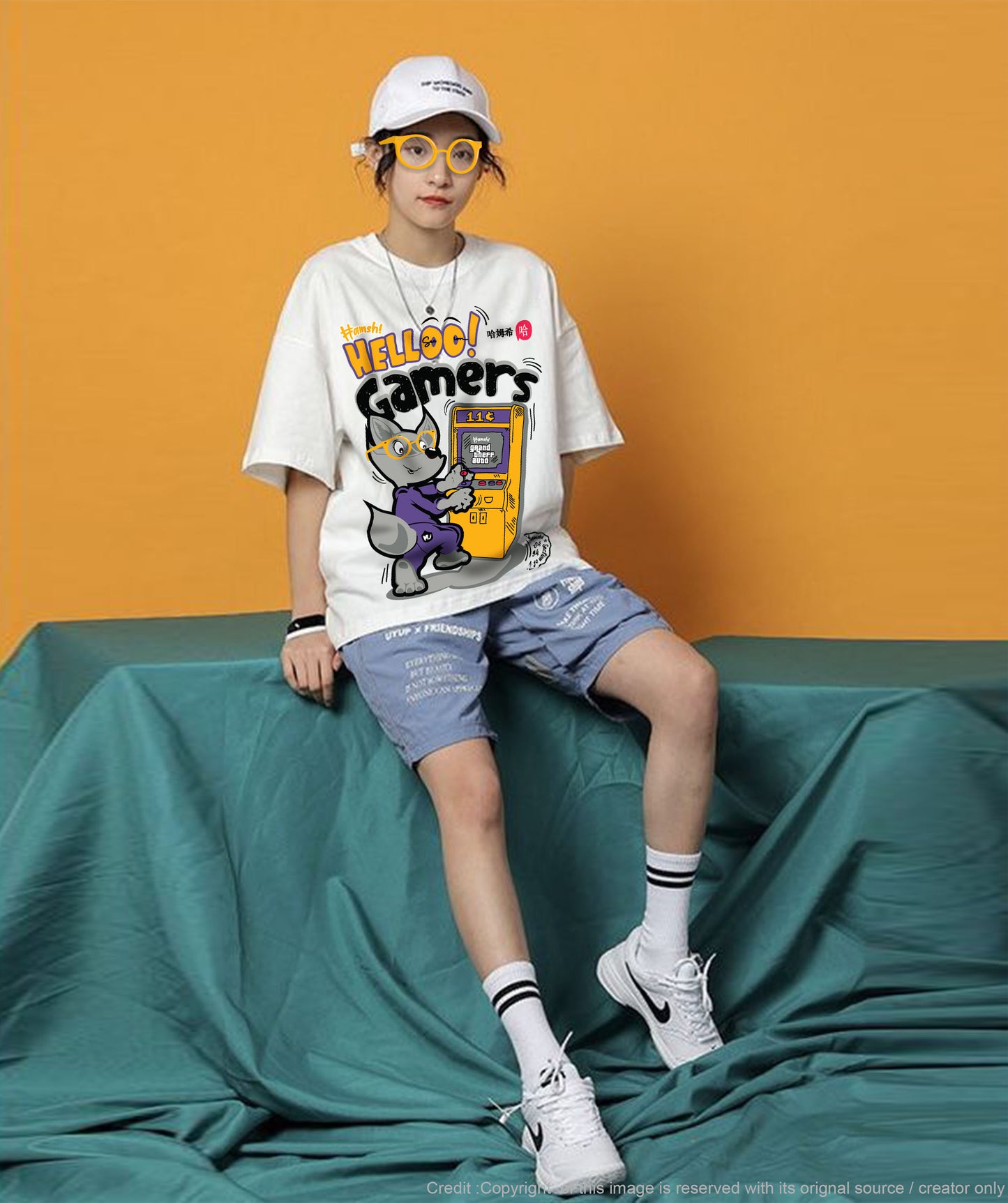 Gamer Fox Print T-shirt - White