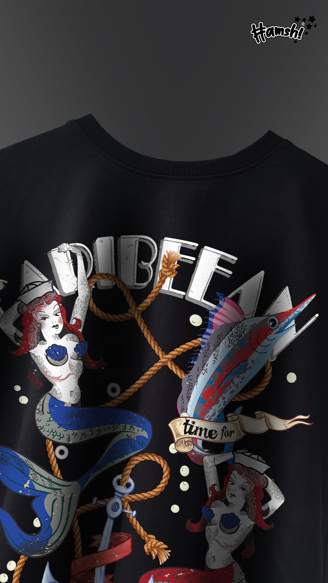 Mermaids Print T-shirt - Black