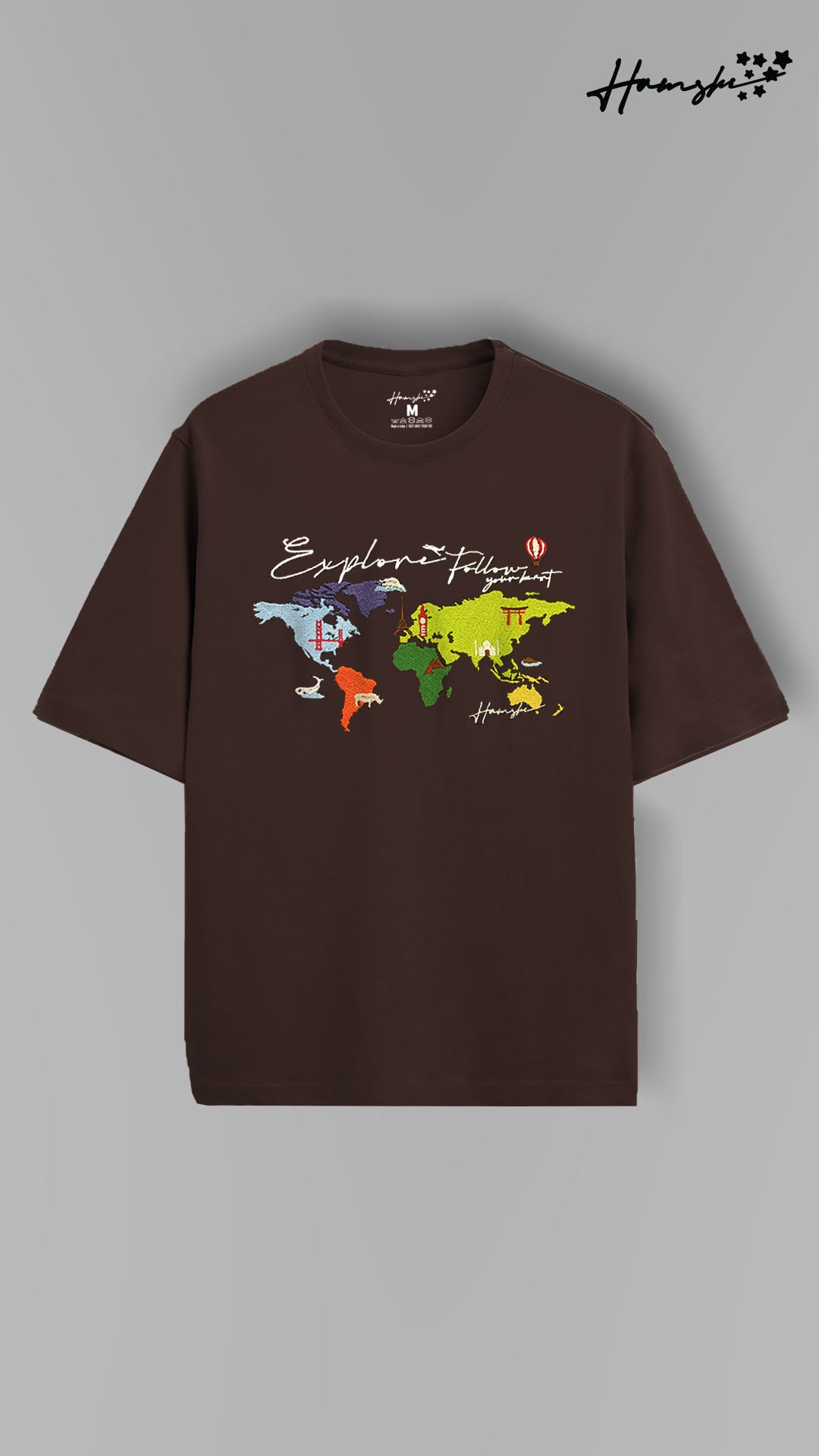 World Map  Embroidery T-shirt - Brown