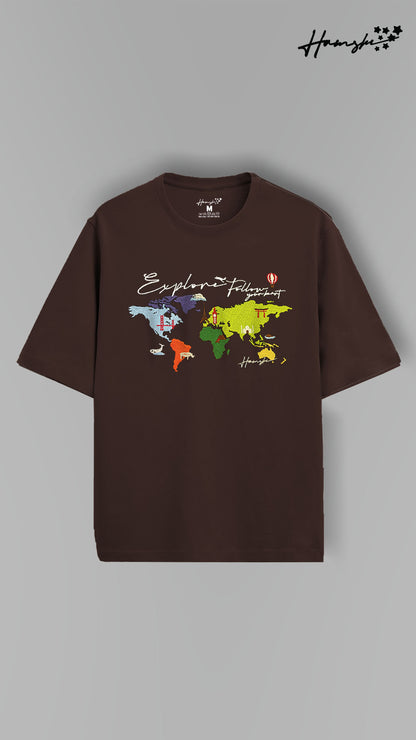 World Map  Embroidery T-shirt - Brown
