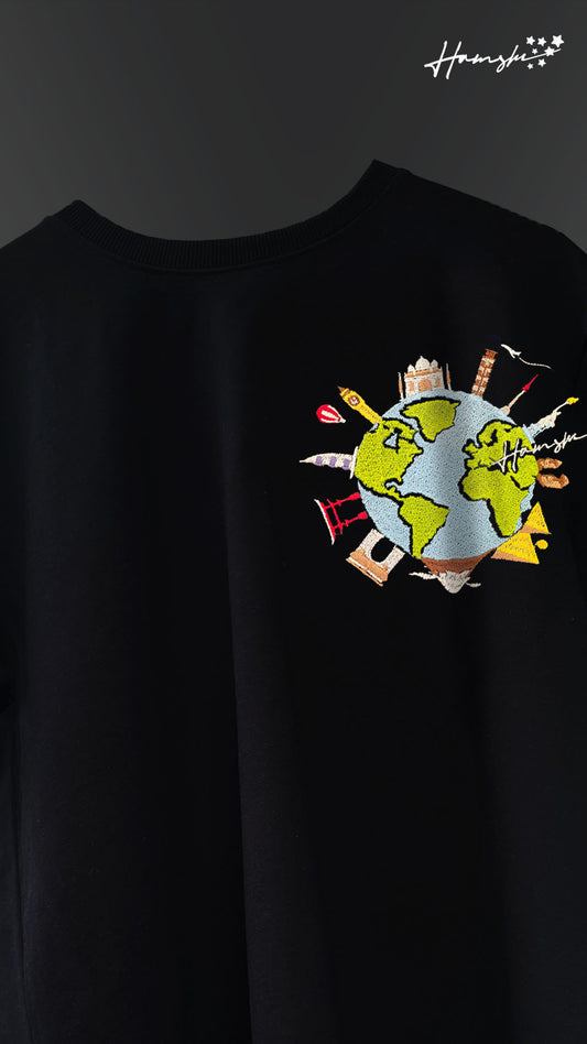 Global Travel Embroidery T-shirt - Black