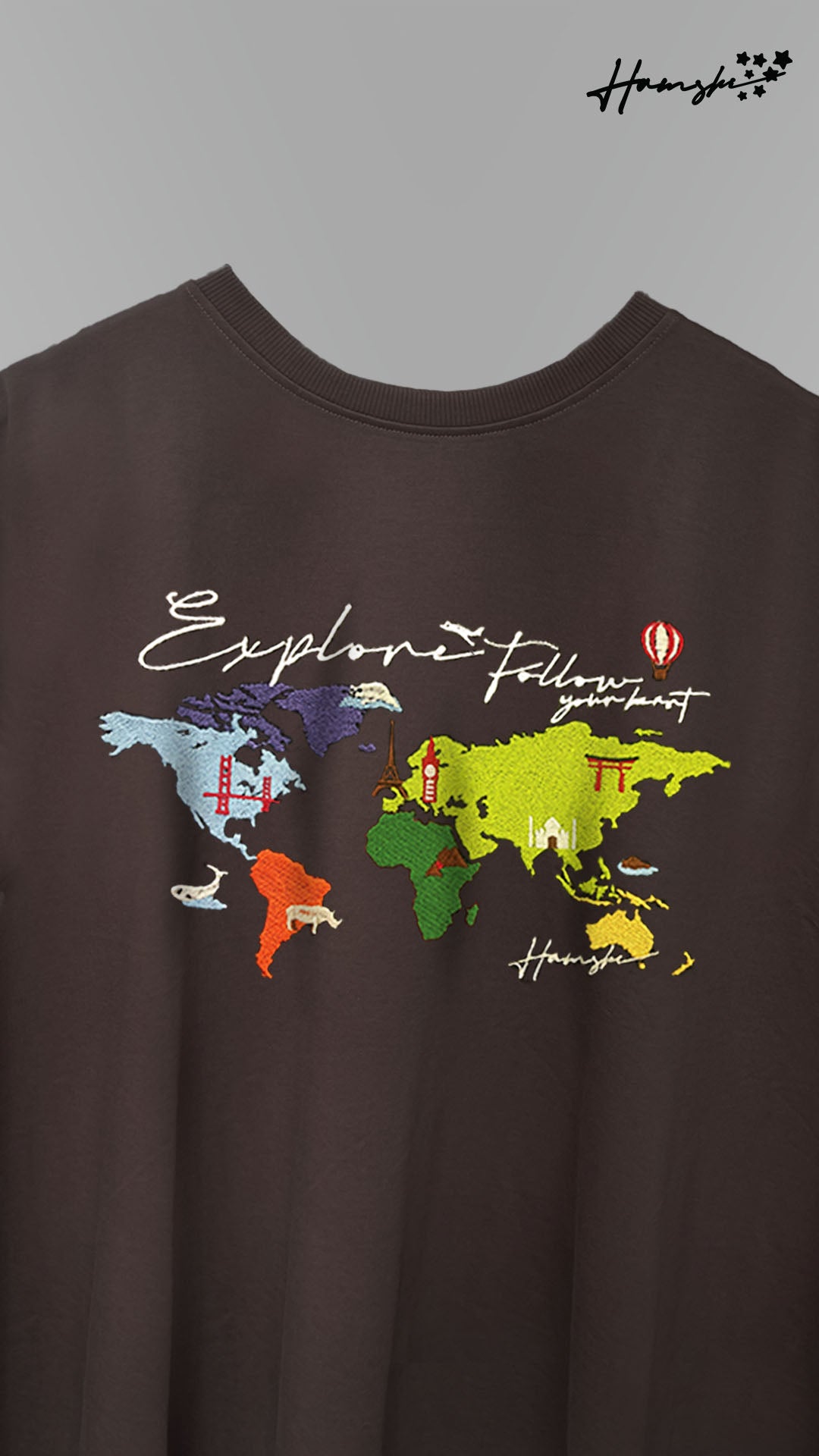 World Map  Embroidery T-shirt - Brown