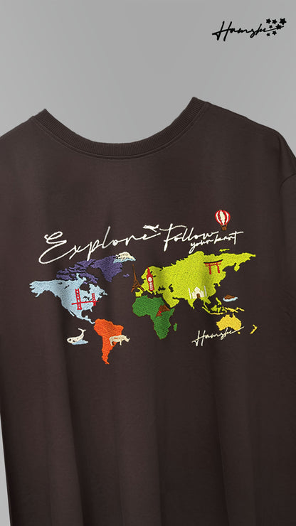 World Map  Embroidery T-shirt - Brown