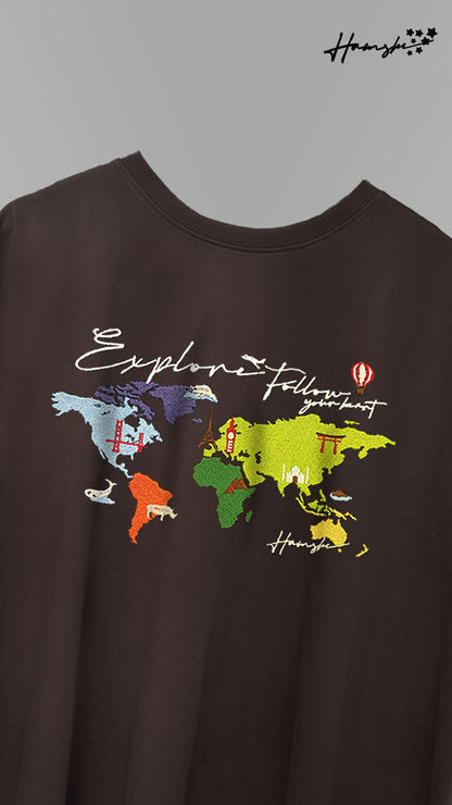 World Map  Embroidery T-shirt - Brown
