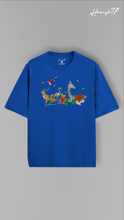 Jungle Biodiversity Embroidery T-shirt - Blue