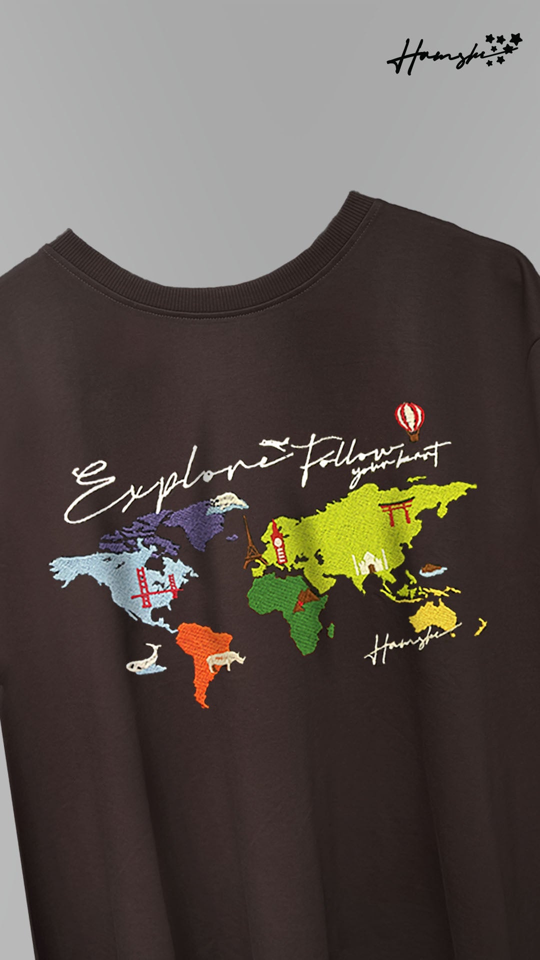 World Map  Embroidery T-shirt - Brown