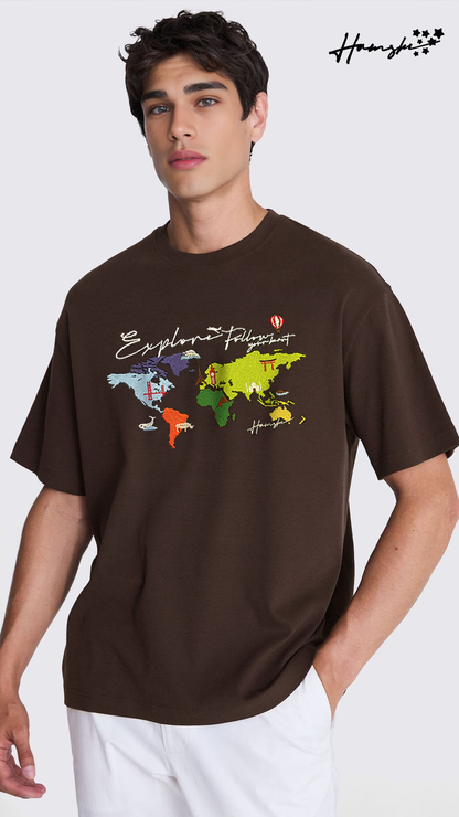 World Map  Embroidery T-shirt - Brown