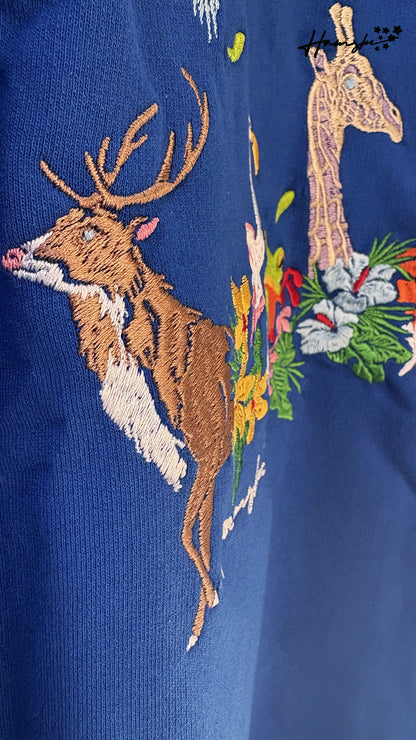 Jungle Biodiversity Embroidery T-shirt - Blue