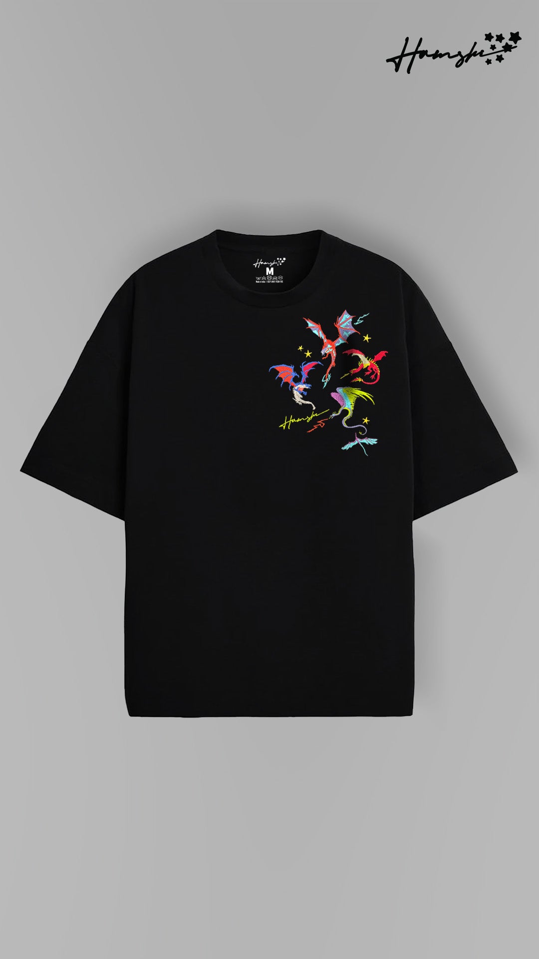 Dragons Fire Embroidery T-shirt - Black