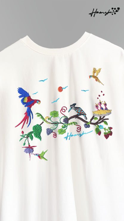 Birds Embroidery T-shirt - White