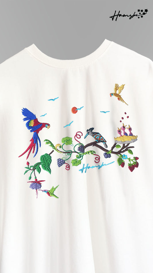Birds Embroidery T-shirt - White