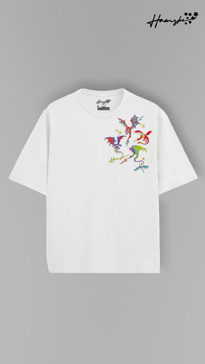 Dragons Fire Embroidery T-shirt - White