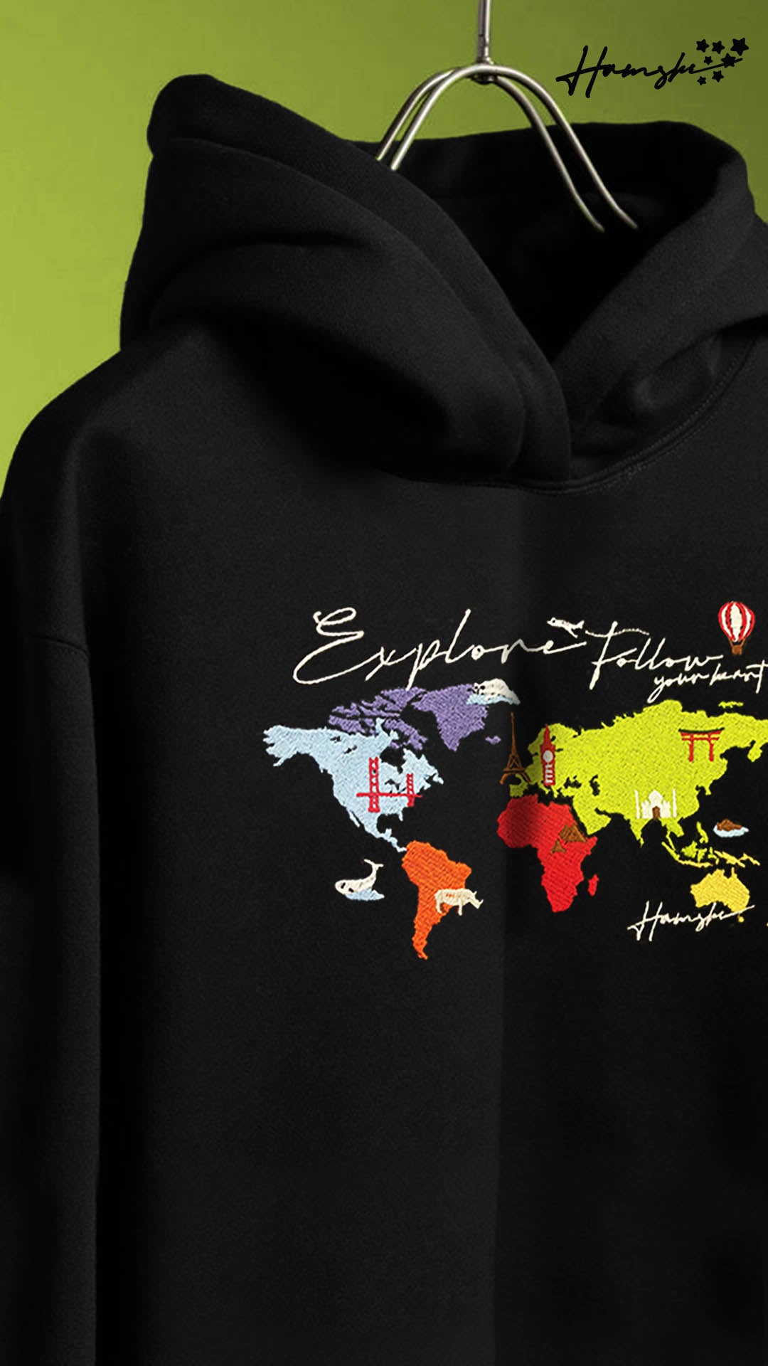 World Map Embroidery Hoodie - Black
