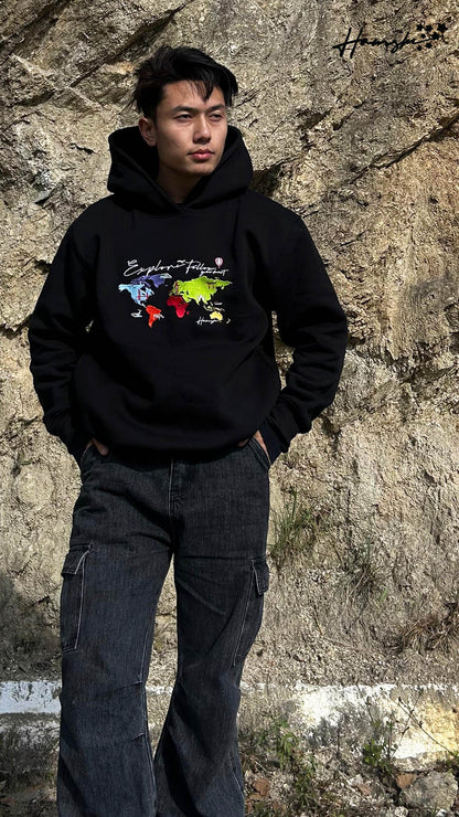World Map Embroidery Hoodie - Black