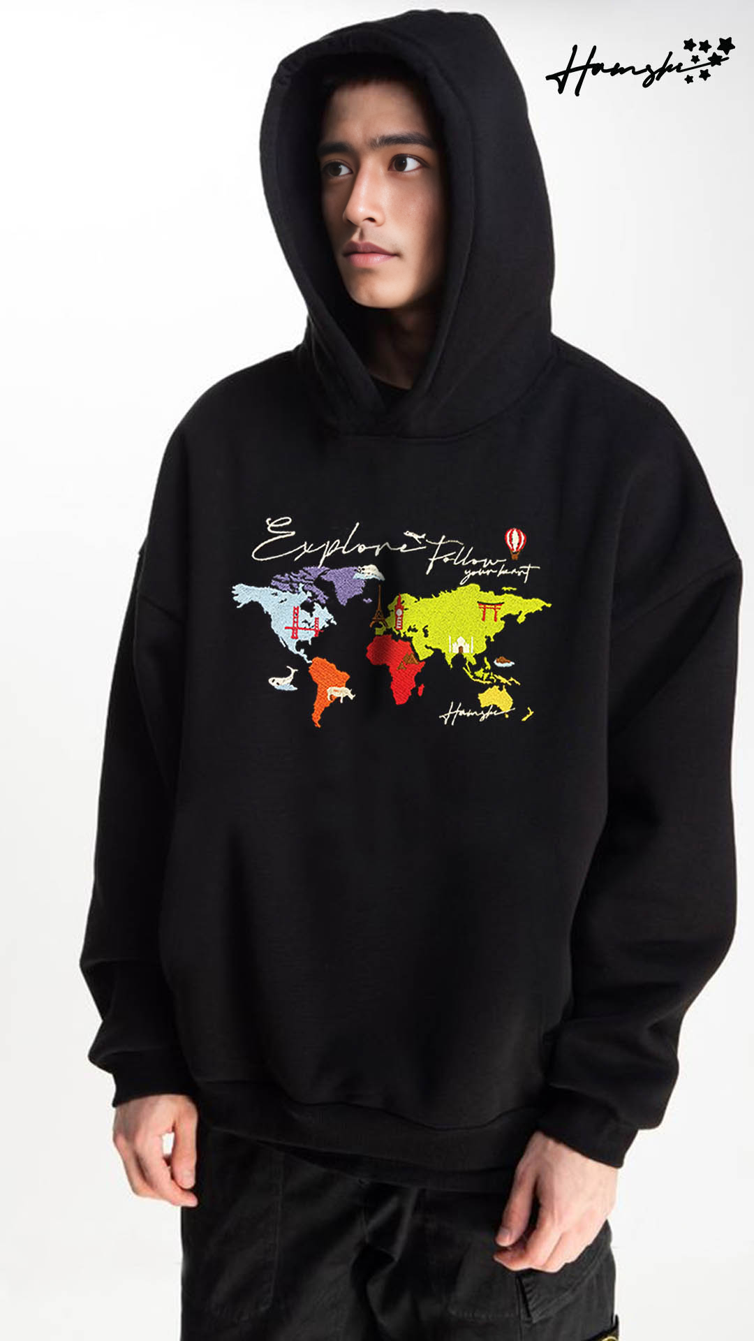 World Map Embroidery Hoodie - Black
