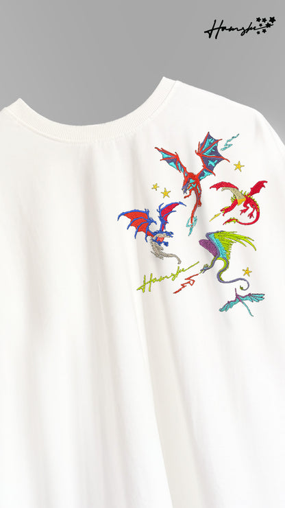Dragons Fire Embroidery T-shirt - White