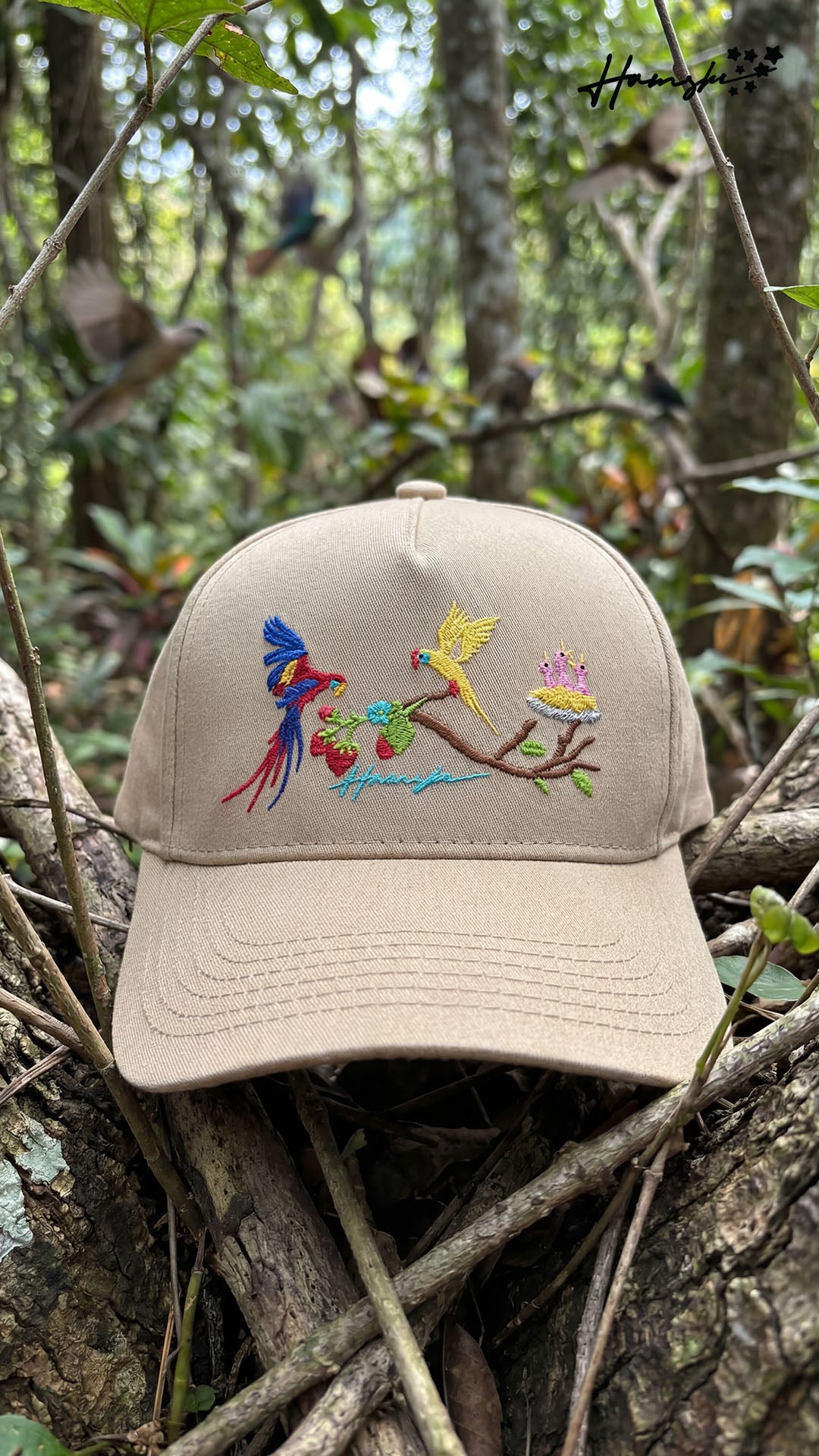 Birds Embroidery Cap - Beige