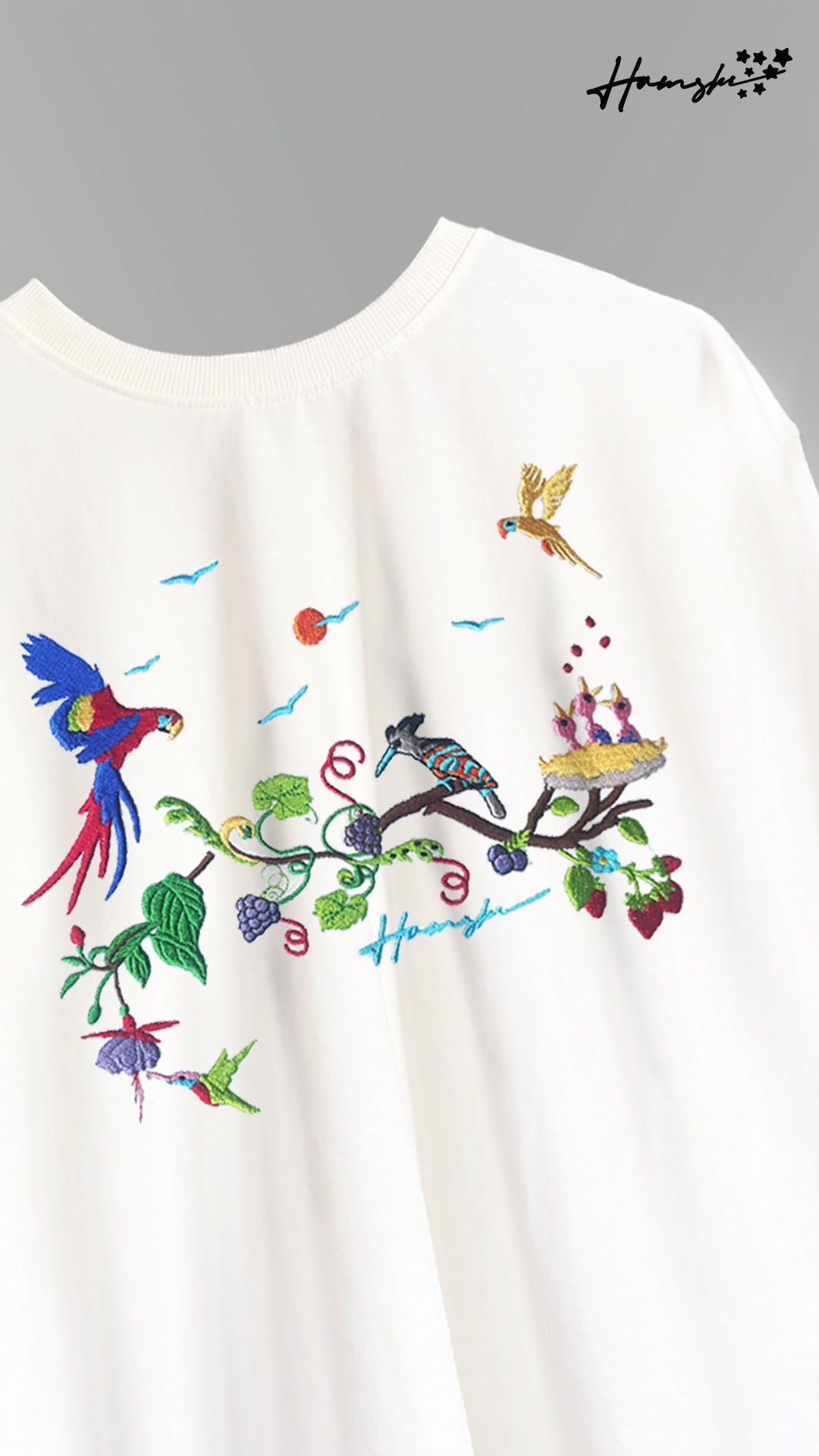 Birds Embroidery T-shirt - White