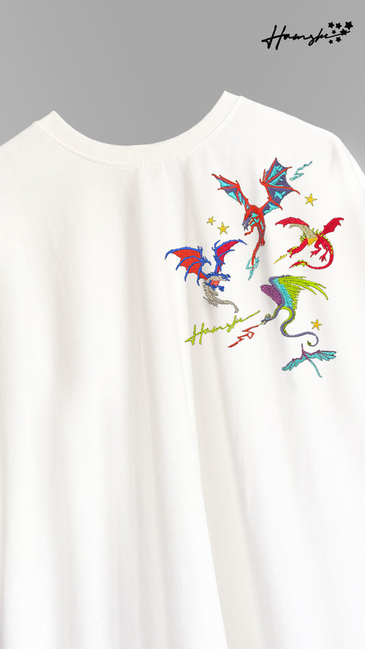 Dragons Fire Embroidery T-shirt - White