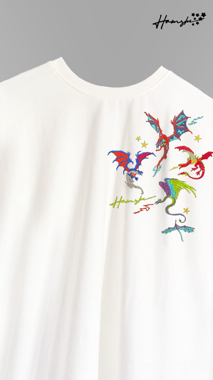 Dragons Fire Embroidery T-shirt - White