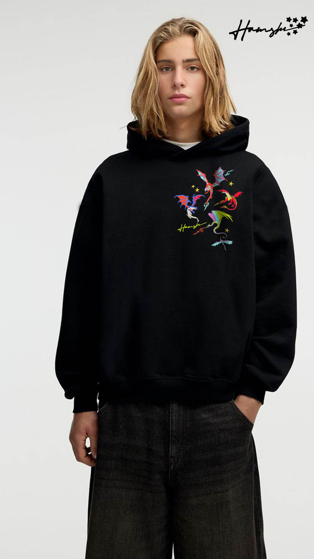 Fire Dragon Embroidery Hoodie - Black