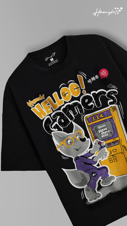 Gamer Fox Print T-shirt - Black