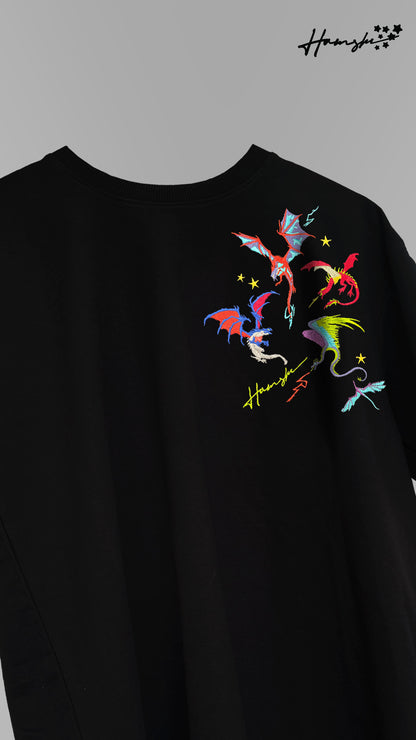 Dragons Fire Embroidery T-shirt - Black