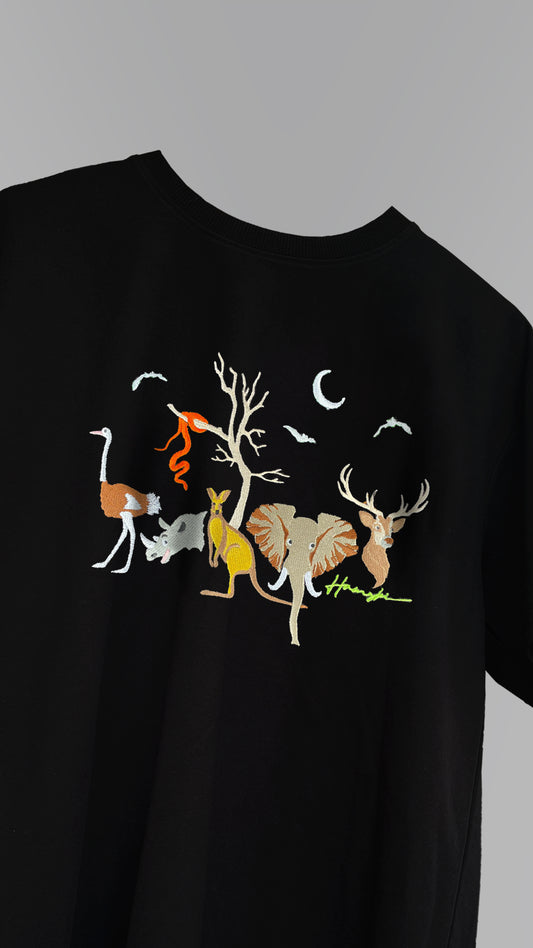 Forest Night Embroidery T-shirt - Black