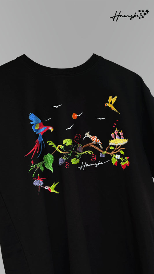 Birds Embroidery T-shirt - Black