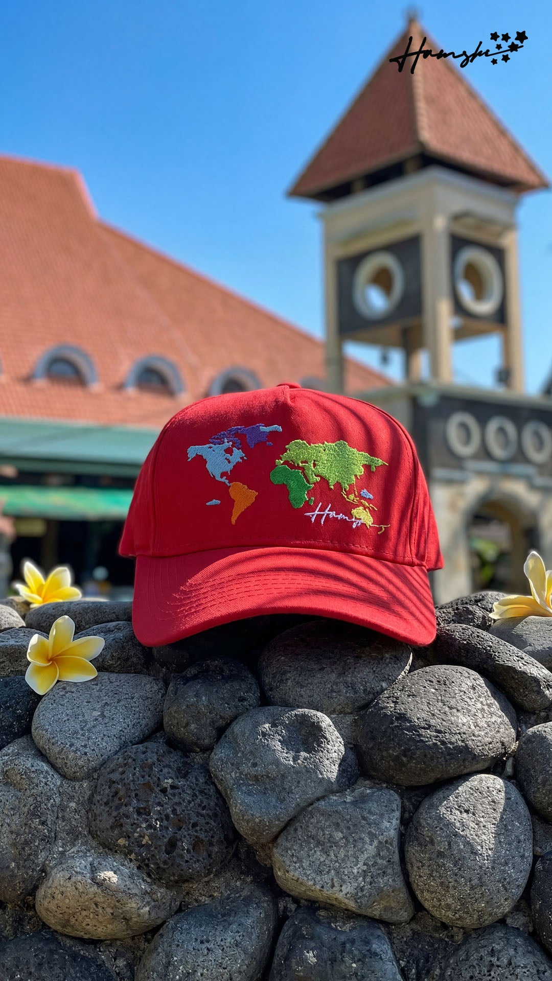 World Map Embroidery Cap - Red