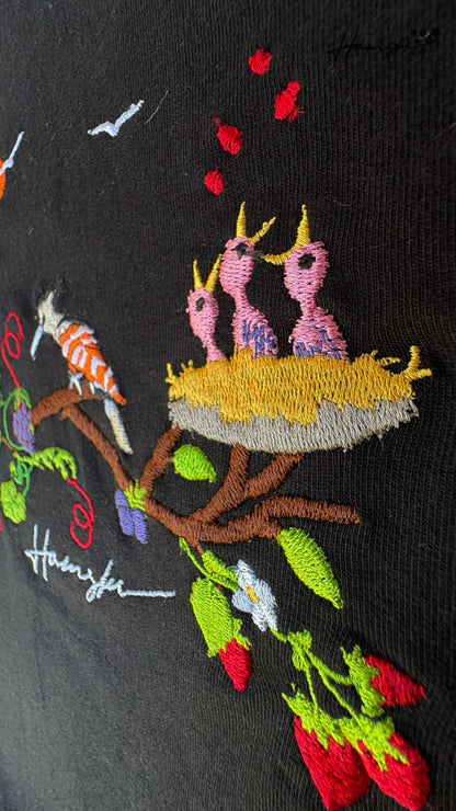 Birds Embroidery T-shirt - Black