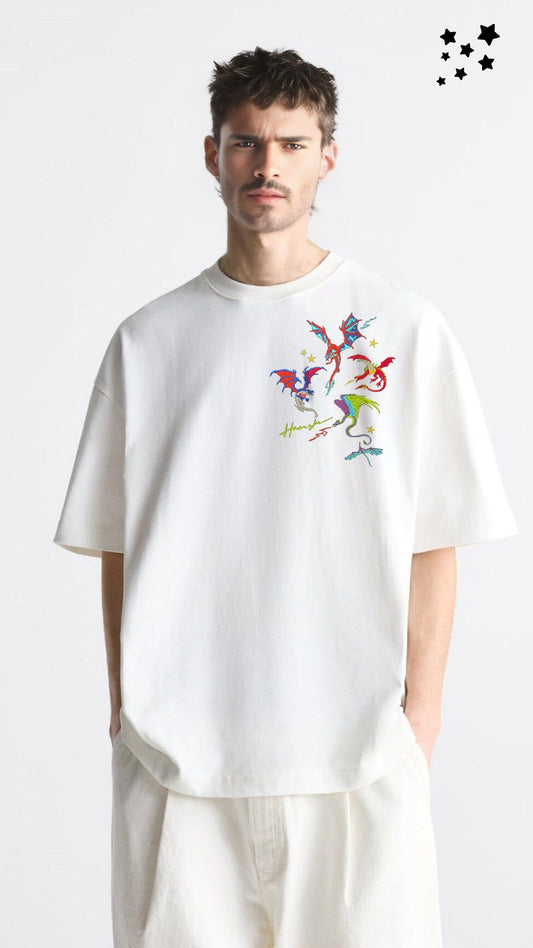 Dragons Fire Embroidery T-shirt - White