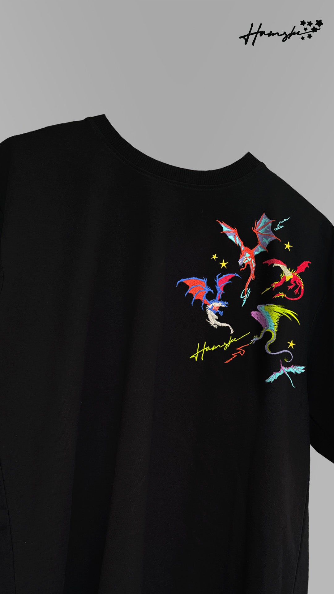 Dragons Fire Embroidery T-shirt - Black