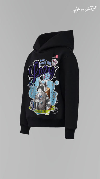 Lazy Graphic Print Hoodie - Black