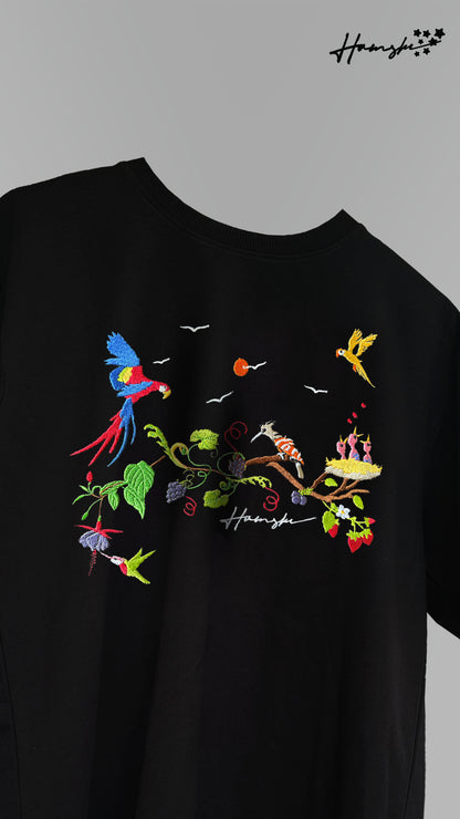 Birds Embroidery T-shirt - Black