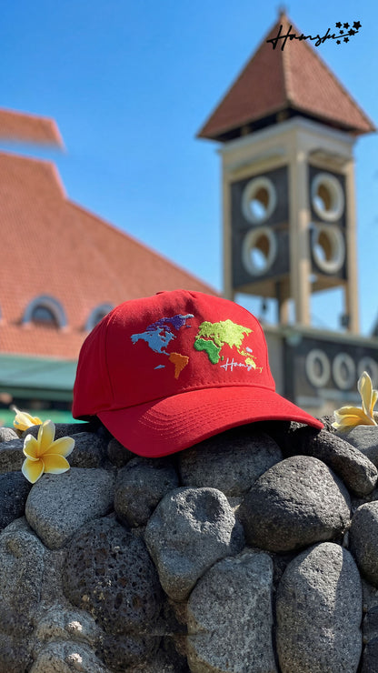 World Map Embroidery Cap - Red