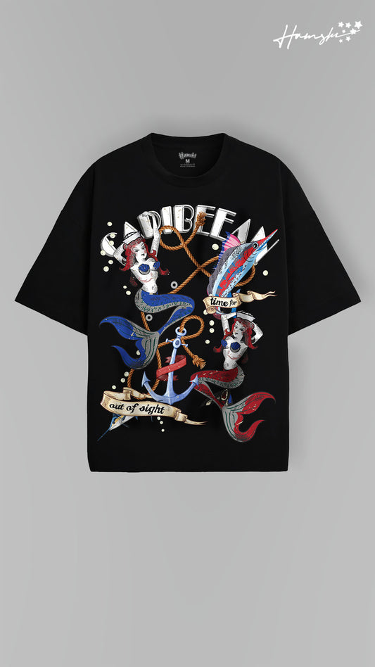 Mermaids Print T-shirt - Black