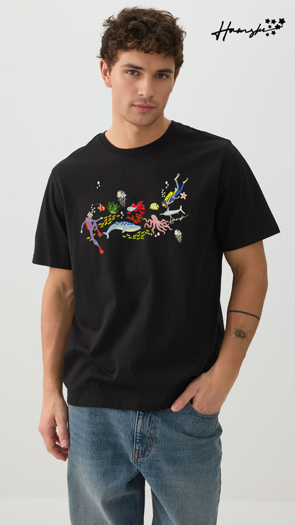 Scuba Divers Embroidery T-shirt - Black