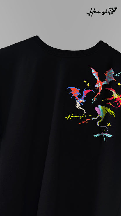 Dragons Fire Embroidery T-shirt - Black