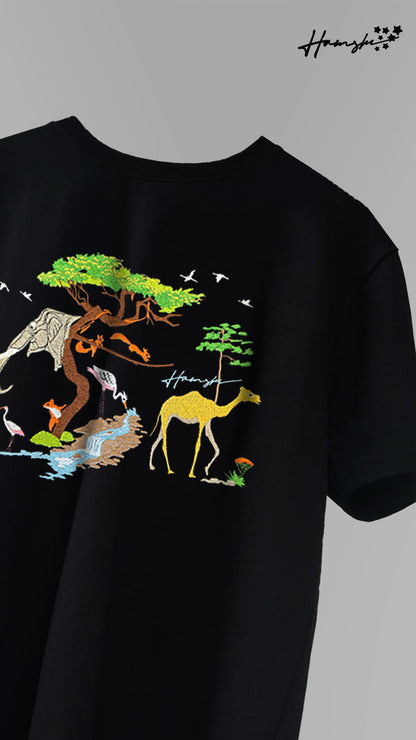 Animals Embroidery T-shirt - Black